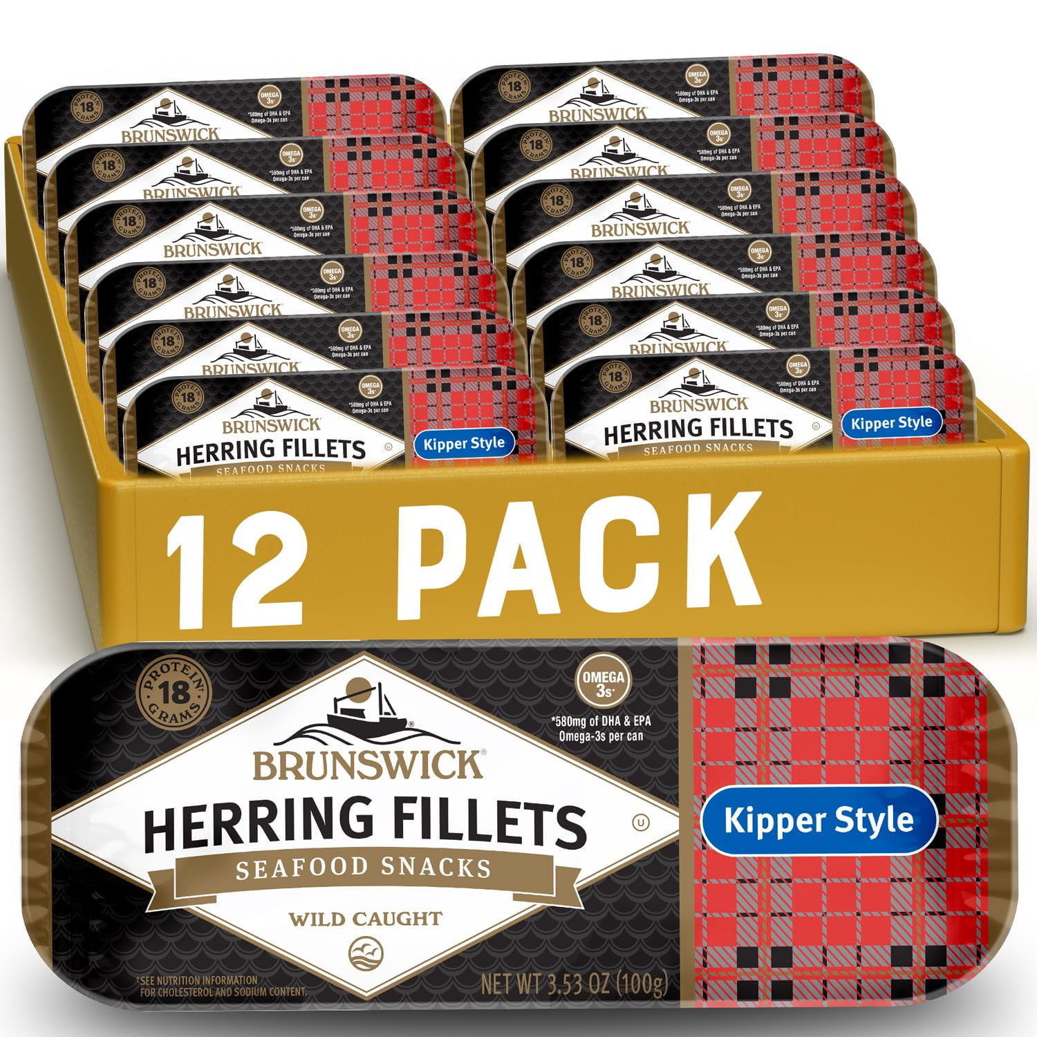 Brunswick Boneless Kipper Style Herring Fillets, GJM1&nbsp;3.53 oz Can (Pack of 12) - 18g Protein per Serving - Gluten Free, Keto Friendly - Great for Pasta & Seafood Recipes