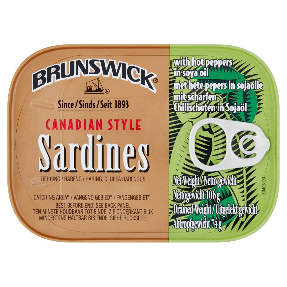 Brunswick Canadian Style Sardines with Hot Pepper in Soya Oil 106g (Pack of 12)
