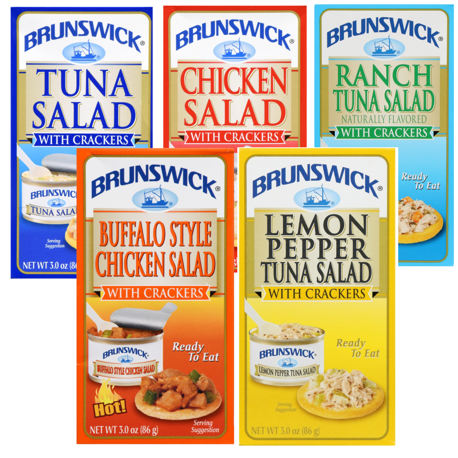 Brunswick Canned Tuna with Crackers Kit- Chicken, Tuna, Lemon Pepper, Buffalo Style Chicken, and Ranch Tuna Salad No Preservatives Healthy Convenient and Ready to Eat Snacks 2 Ct. each 10 Packs Total