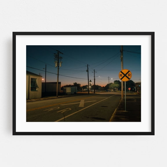 Brunswick at Dusk - Brunswick Georgia Photography Railroad Night Sky Street Photography Vintage City Nightlife Architecture Black Framed Wall Art Print 5 x 7 inches