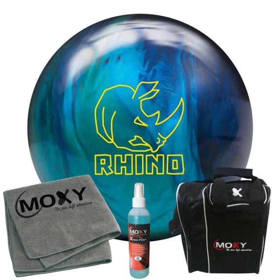 Brunswick Rhino Cobalt/Aqua/Teal Pearl Bowling Ball | Moxy Strike Black Bowling Bag | Moxy Grey Micro Fiber Towel | Moxy Xtreme Power Cleaner Package