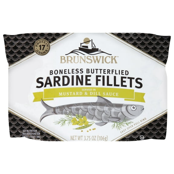 Brunswick Sardines in Mustard & Dill Sauce, Boneless Butterflied Herring Fillets, Wild Caught, Gluten Free, 17g Protein per Serving, Shelf Stable Can, 3.75 oz