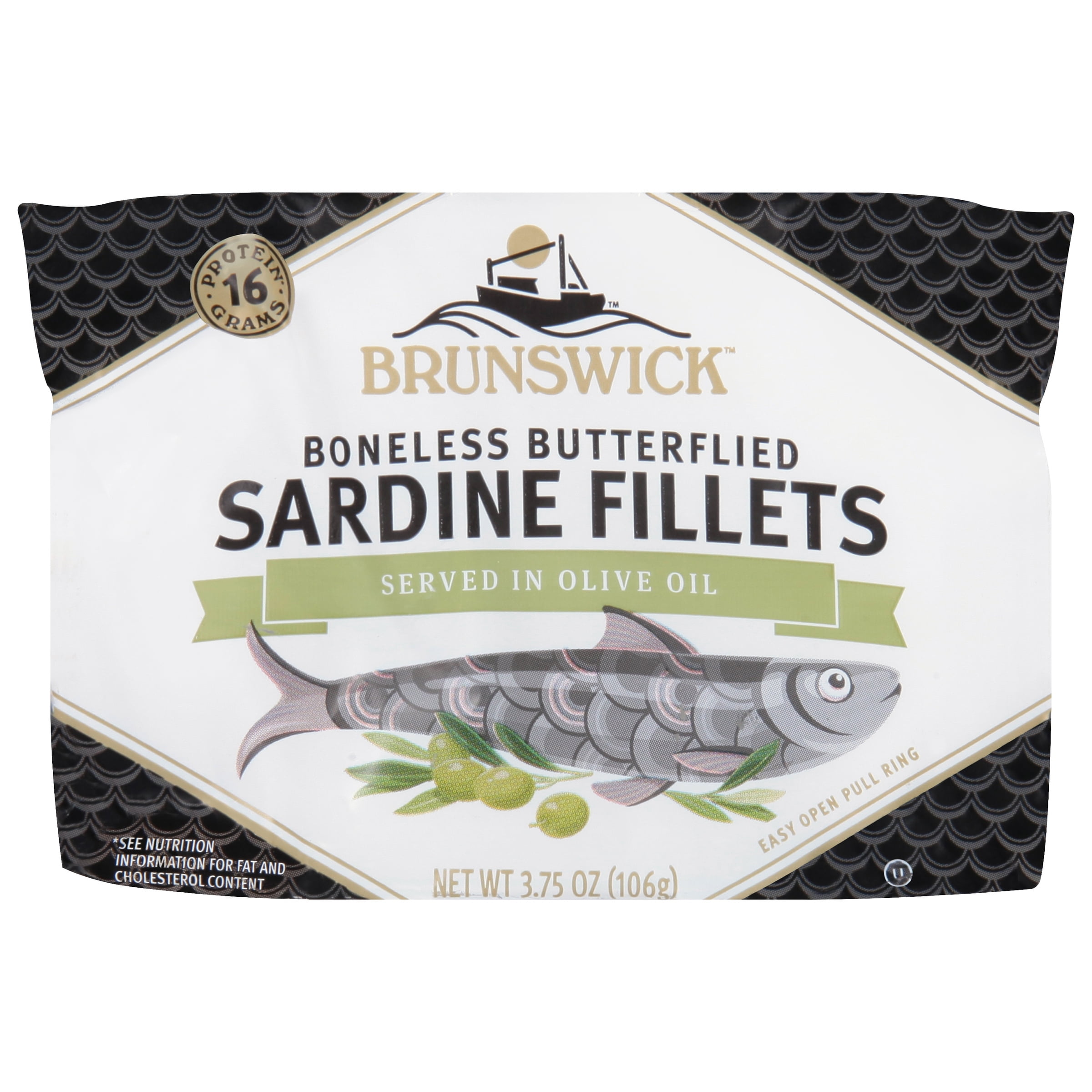 Brunswick Sardines in Olive Oil, Boneless and Butterflied Herring Fillets, Wild Caught, Gluten Free, 16g Protein per Serving, Shelf Stable Can, 3.75 oz