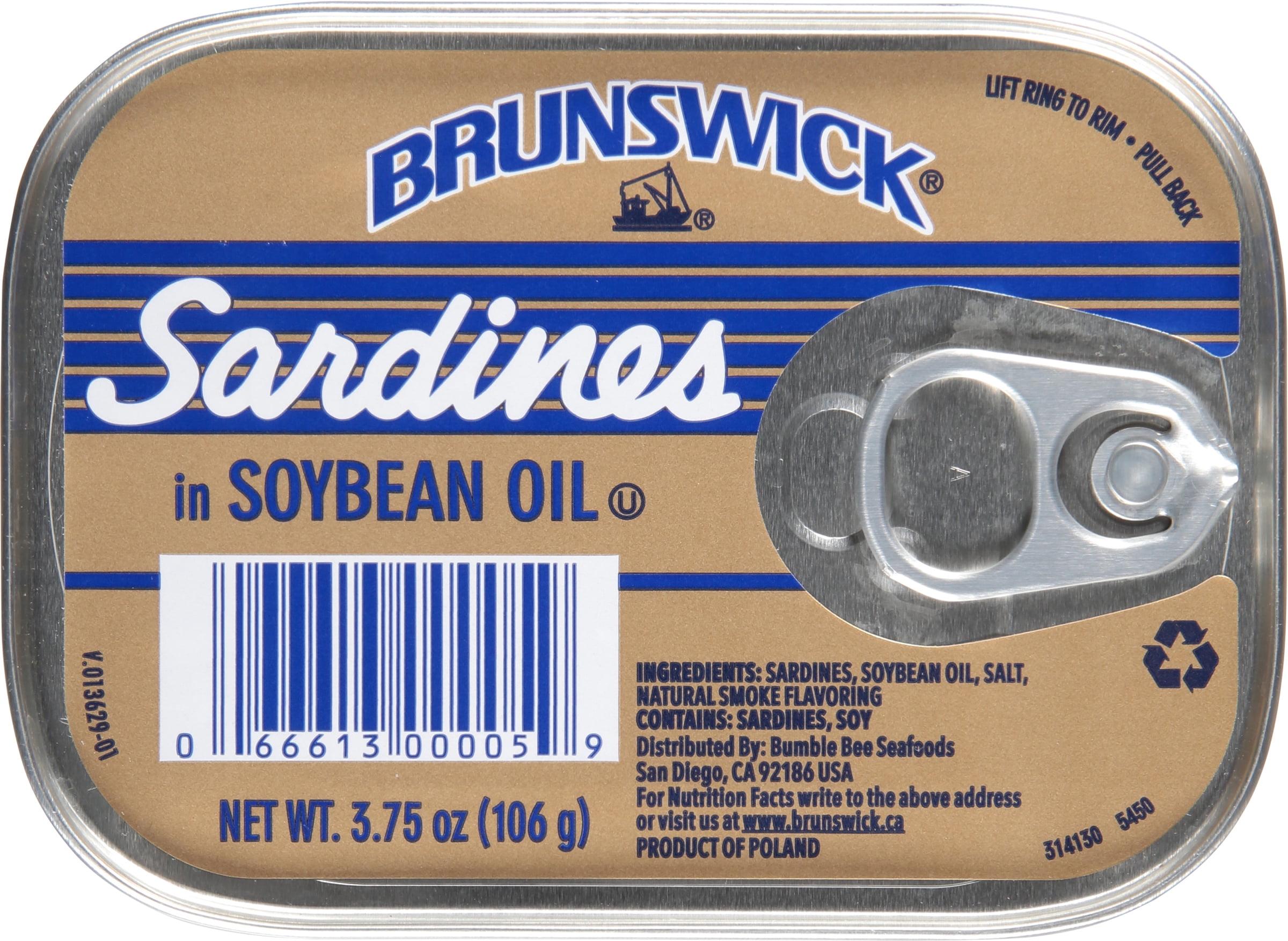 Brunswick Sardines in Soybean Oil, Wild Caught, Gluten Free, 14g Protein per Serving, Shelf Stable Tin Can, 3.75 oz