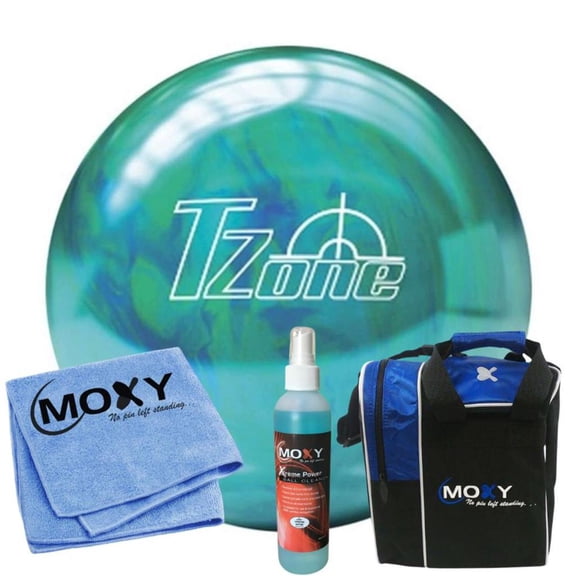 Brunswick T-Zone Caribbean Blue Bowling Ball | Moxy Strike Royal Bowling Bag | Moxy Blue Micro Fiber Towel | Moxy Xtreme Power Cleaner Package