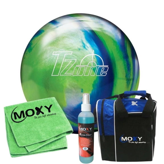 Brunswick T-Zone Ocean Reef Bowling Ball | Moxy Strike Royal Bowling Bag | Moxy Green Micro Fiber Towel | Moxy Xtreme Power Cleaner Package