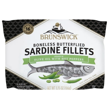 Brunswick Sardines in Olive Oil with Hot Peppers, Boneless Butterflied Herring Fillets, Wild Caught, Gluten Free, 16g Protein per Serving, Shelf Stable Can, 3.75 oz