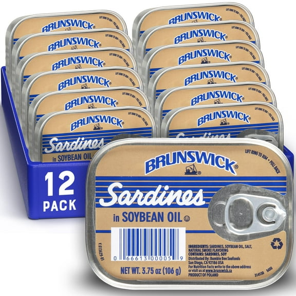 Brunswick Wild Caught Sardines in Soybean KKS1Oil, 3.75 oz Can (Pack of 12) - 14g Protein per Serving - Gluten Free, Keto Friendly, Kosher