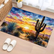 Brunt Orange Sunset 2'x3' Rug for Entryway Front Door Kitchen Sink Area, Watercolor Cactus Plant Desert Low Pile Washable Non Slip Rectangle Area Rug