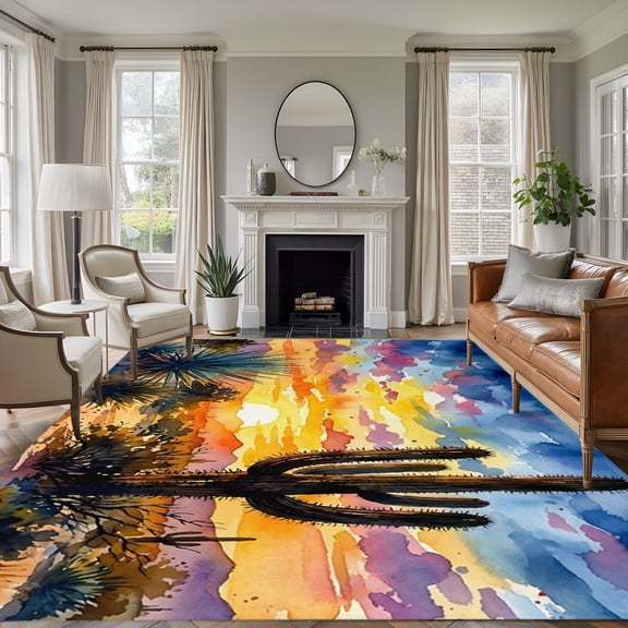 Brunt Orange Sunset 8'x10' Large Area Rug for Living Room Sectional Sofa, Watercolor Cactus Plant Desert Washable Non Slip Low Pile Rectangle Area Rug