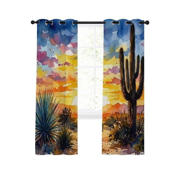 Brunt Orange Sunset Blackout Curtains for Bedroom Living Room, Watercolor Cactus Plant Desert 39 In Long Thermal Insulated Room Darkening Drapes Grommet Window Treatments, 27.5 x 39 In