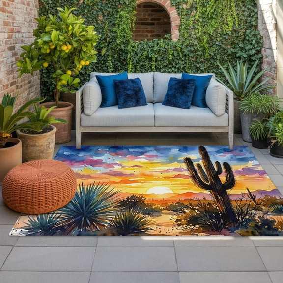 Brunt Orange Sunset Indoor Outdoor Rugs 5x7 Ft, Watercolor Cactus Plant Desert Outdoor Patio Rugs Mat Washable Outside Area Rugs Carpet for Porch Deck RV Camping Pool Balcony Backyard