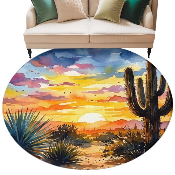Brunt Orange Sunset Round Living Room Rugs 6 ft, Watercolor Cactus Plant Desert Washable Area Rug with Non-Slip Sturdy Edge Binding Round Carpet for Kitchen Office Bedroom