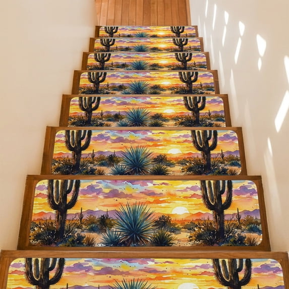 Brunt Orange Sunset Stair Treads Non Slip for Steps Watercolor Cactus Plant Desert 4 Pcs Reusable Adhesive Stair Runner Mats for Dogs Elders Carpet Treads Rugs for Staircase 8x30 In