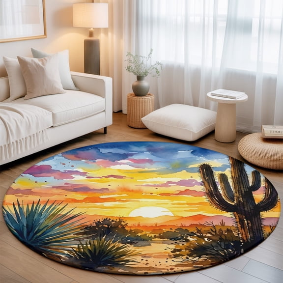 Brunt Orange Sunset Washable Round Area Rug 3 ft, Watercolor Cactus Plant Desert Soft Non Slip Rugs Stain Repellent Indoor Felt Carpet for Living Dining Room Bedroom Home Office