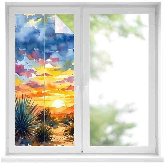 Brunt Orange Sunset Window Privacy Film, Watercolor Cactus Plant Desert Frosted Glass Window Clings Static Cling UV Heat Blocking Reusable Door Sticker for Bathroom 19.6 x 39.3 Inch