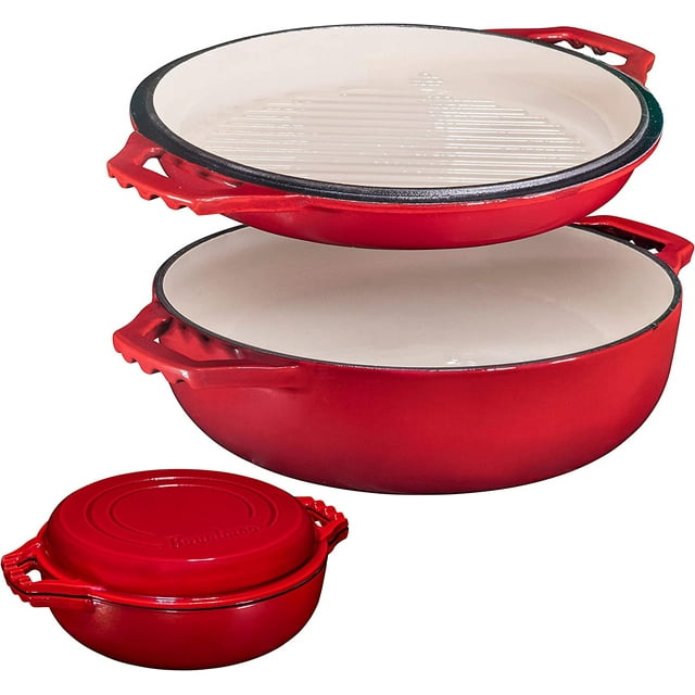 Bruntmor 2In1 Enameled Cast Iron Cocotte Double Braiser Pan With Grill Lid