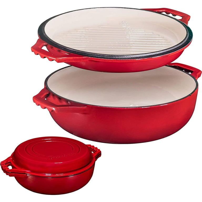 Bruntmor | 2-In-1 Enameled Cast Iron Cocotte Double Braiser Pan With Grill  Lid