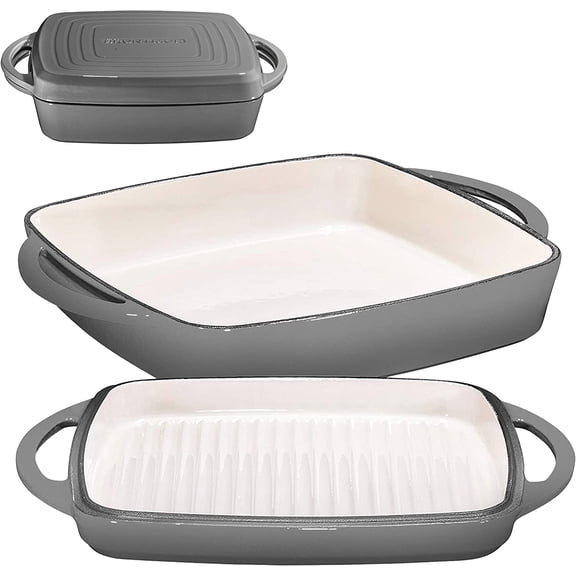 Bruntmor | 2 In 1 Enameled Square Cast Iron Baking Pan Cookware Dish With Grill, Grey