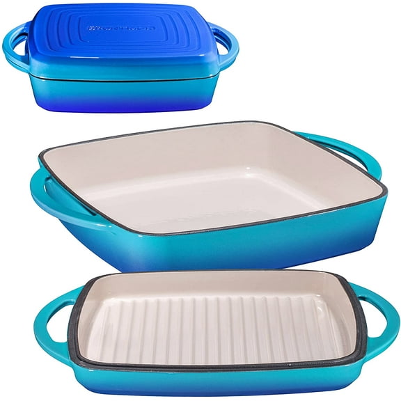 Bruntmor | 2 in 1 Enameled Square Cast Iron Baking Pan Cookware Dish With Grill, Caribbean