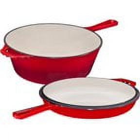 Bruntmor 2 in 1 Red cast iron Skillet with Lid, 5 Quarts enameled cast iron with handle