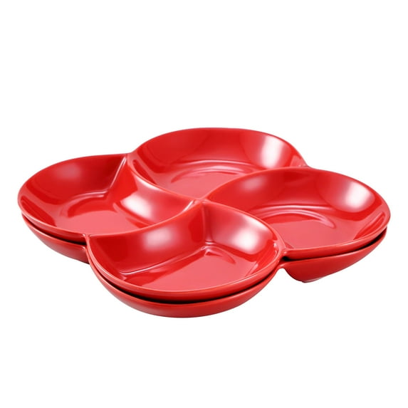 Bruntmor 8.5 inch Modern Set Of 2 Decorative Ceramic Appetizer 4 -Compartment Serving Platter Tray - Dessert Serving Plates, Red