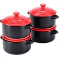 thumbnail image 1 of Bruntmor 8.5oz Oven Safe Mini Cocotte Ceramic Ramekins for Baking, Casserole with Lid (Matte Black w/Red Lid), 1 of 7
