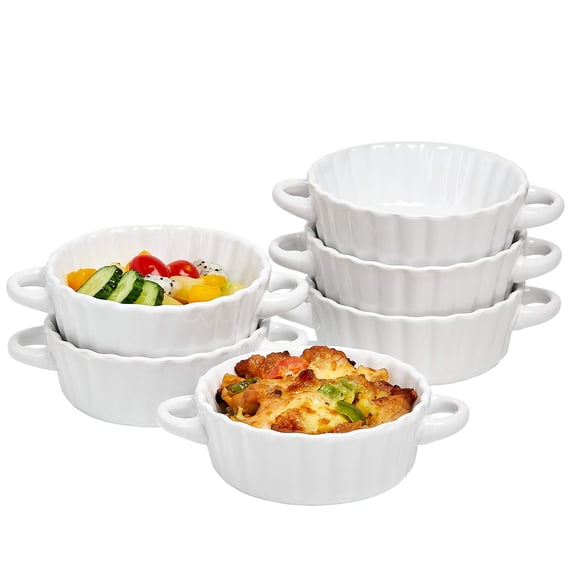 Bruntmor | Bake And Serve - 10 Oz Oven Safe Set Of 6 Ceramic Souffle Dishes- Round Mini Quiche Pan, Tart Pan - Ramekins-Baking Mini Pie Dish w/Handles For Pudding, Creme Brulee, Souffle, White