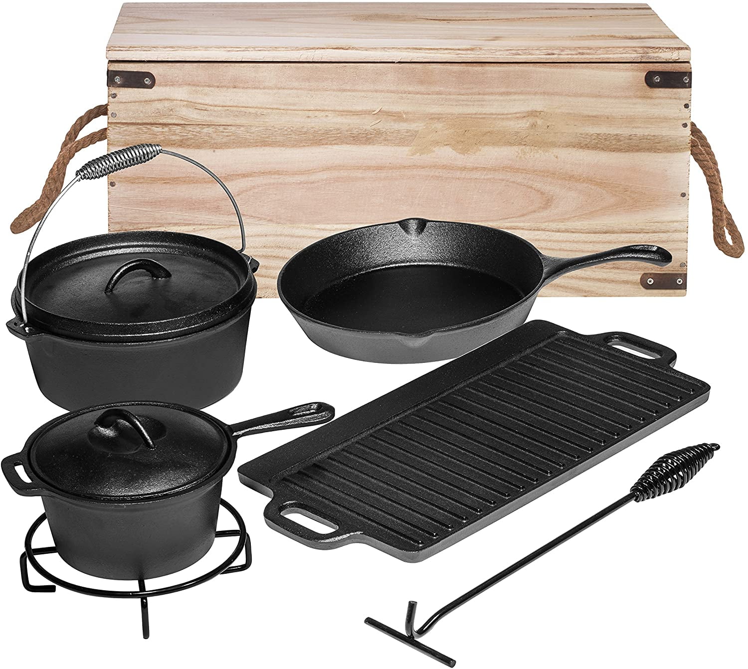 Black Cast Iron Non-stick Camping Cookware Set with Wooden Storage Box