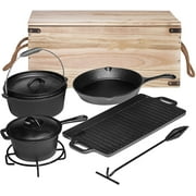 Bruntmor Camping Cooking Set Of 7 - Pre Seasoned Cast Iron Pots, Pans, and Dutch Ovens with Lids for Outdoor Campfire Cooking - Skillet Grill Cookware Set with Storage Box