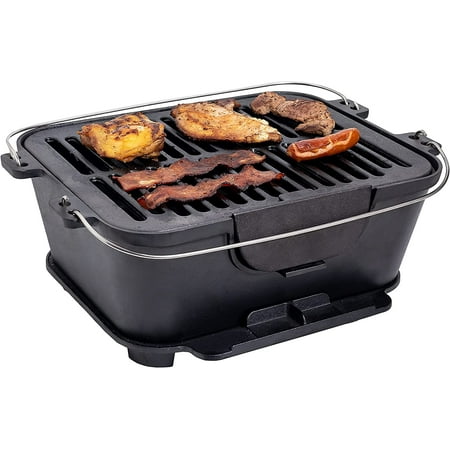 Bruntmor Cast Iron BBQ Grill, 14" x 12" Grilling Surface Charcoal Hibachi-Style, Portable