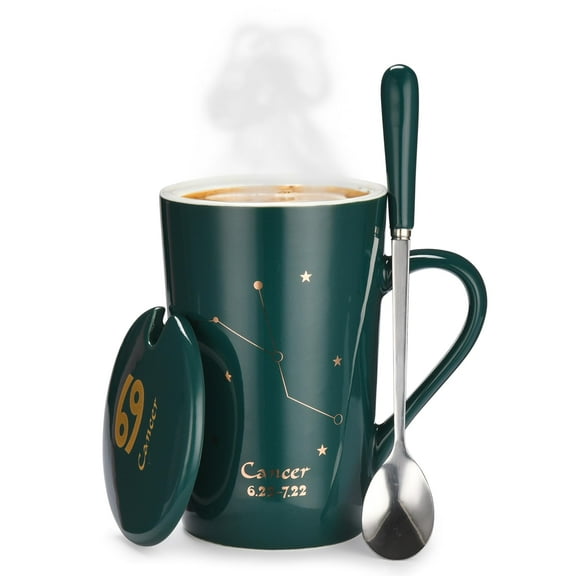 Bruntmor Ceramic Coffee Mug with Constellation Design - Zodiac Sign Mug with Lid, Horoscope Coffee, Tea Cup - Comes in a Box & Spoon - Birthday Astrology Lovers Gifts for Men and Women - Cancer