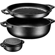 Bruntmor Enameled Cast Iron Braiser with Lid - Dual Handle 3.3 Quart Cast Iron Braising Pan for BBQ, Fryer, and Camping - Pre-Seasoned Dutch Oven with Grill Lid - Black