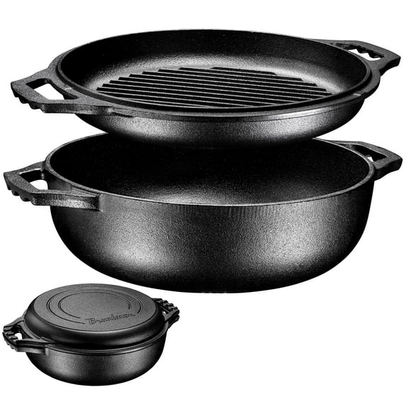 Bruntmor 2-in-1 Pre-Seasoned Cast Iron Dutch Oven with dual handles, Cocotte Double Braiser Pan with Grill Lid 3.3 Quarts - BBQ Grill, Fryer - Outdoor Cookware Set with Dual Handles, Camping,- Black