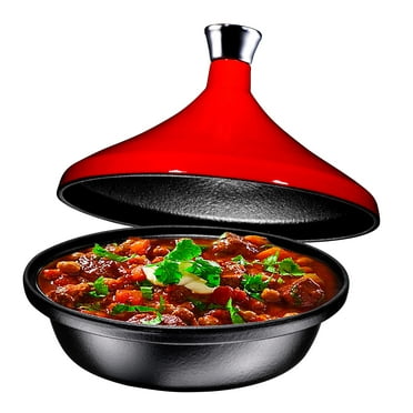 Bruntmor Fire Red Cast Iron Moroccan Tagine 4-Quart Cooking Pot With Silver
