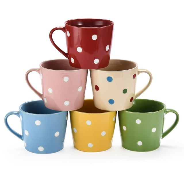 Bruntmor Polka Dot Coffee Mugs Set of 6 Flat Bottom Wide Mouth