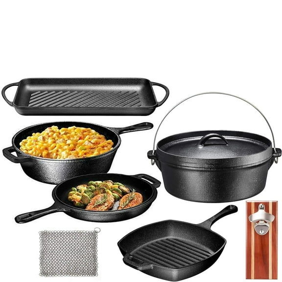 Open Box Bruntmor Pre-Seasoned 7pc Cast Iron Cookware Set w/Multi Cooker, Grill Pan, Dutch Oven
