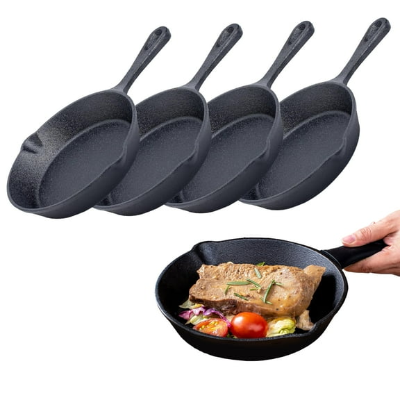 Bruntmor Cast Iron Frying Pan Set of 4-6x4 Inch Black Pre-Seasoned Skillets with Heat-Resistant Silicone - Mini Cast Iron Skillet Set for Stovetop, Oven, and Grill