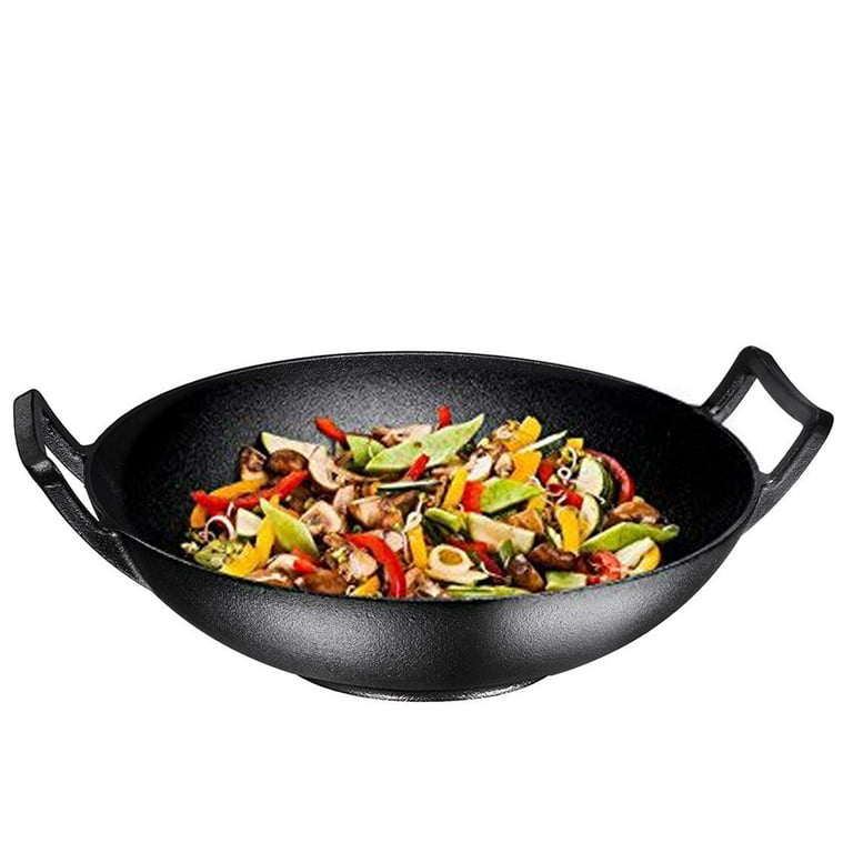 Bruntmor Skillets & Frying Pans Pre-Seasoned Cast Iron Wok Black 14-inch W  Large Loop Handles 