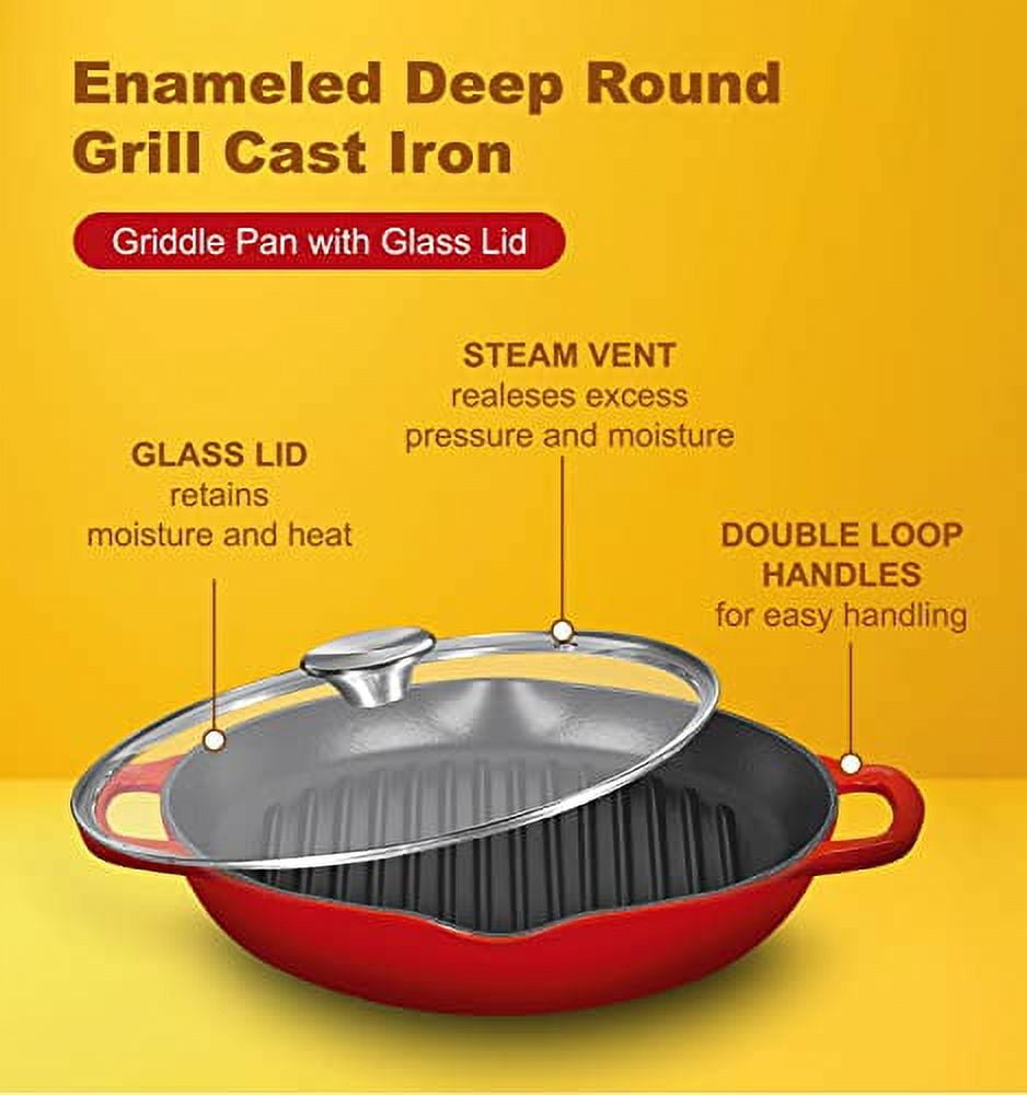 Bruntmor Red Enameled Deep Round Grill Cast Iron Griddle Pan with Glass Lid 10 Inch NonStick