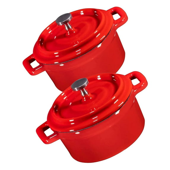 Bruntmor Red Enameled Dutch Oven Set of 2, 8 Oz Cast Iron Lodge Pots. Mini Seasoned Roaster Cookware.