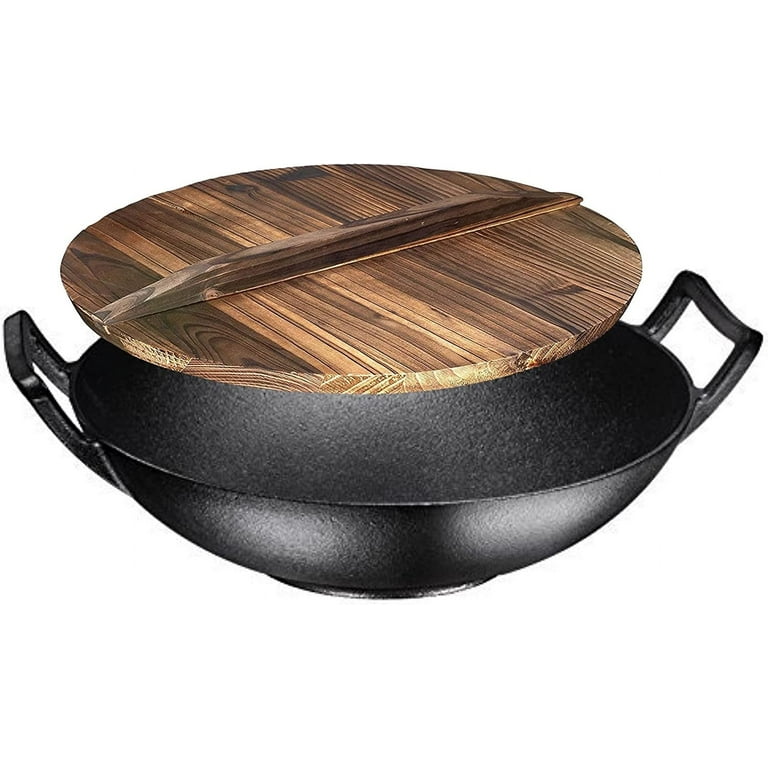NutriChef Pre Seasoned Nonstick Cooking Wok Cast Iron Kitchen Stir Fry Pan  with Wooden Lid for Gas, Electric, Ceramic, & Induction Countertops, Black