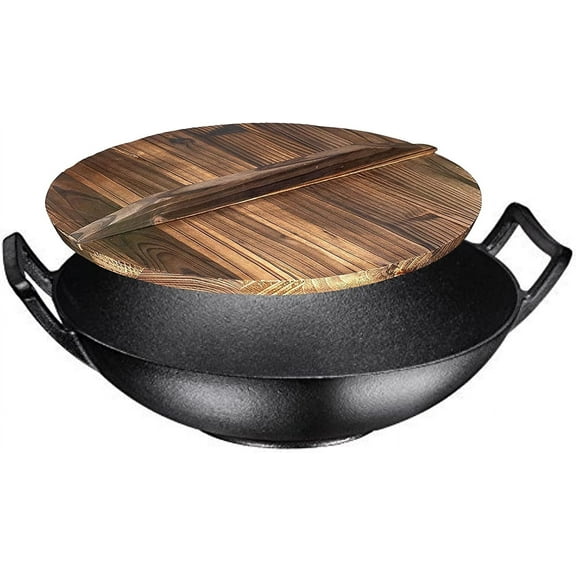 Bruntmor Skillets & Frying Pans Pre-Seasoned Cast Iron Wok Black 14-inch W Large Loop Handles
