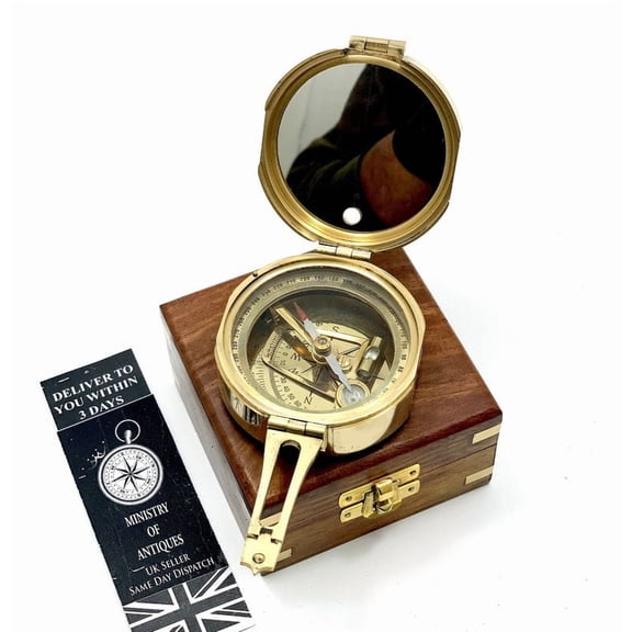 Brunton Nautical Geological Compass in Wooden Box | Handmade Brass Military Transit Surveying & Geology Thumb Compass | Heavy-Duty Collectible Instrument