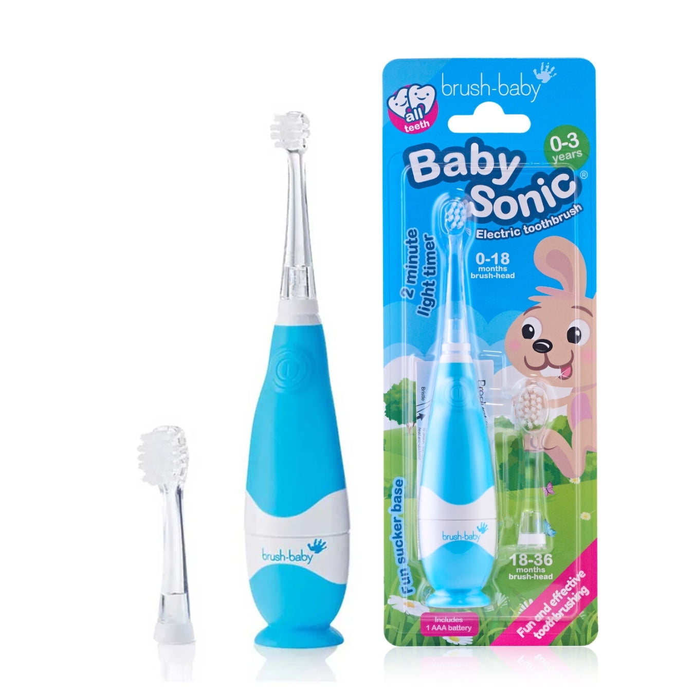 Brush-Baby BabySonic Electric Toothbrush, Blue, Ages 0-3, LED Timer, Gentle Vibration, 2 Sensitive Brush Heads