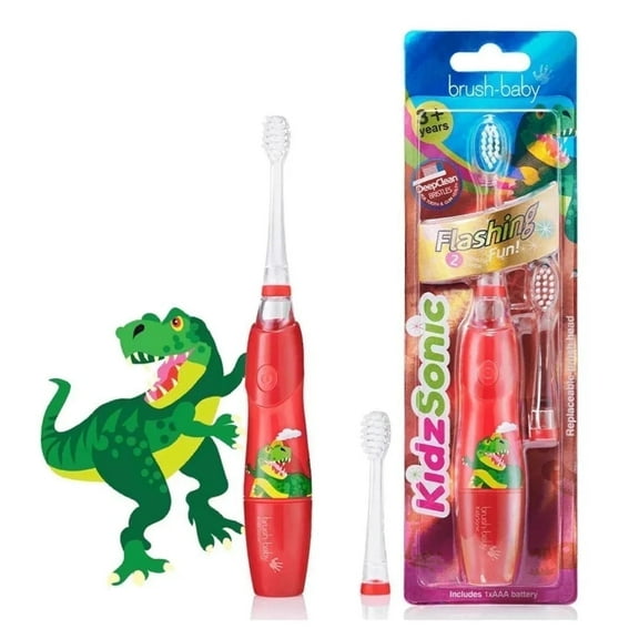 Brush-Baby KidzSonic Dinosaur Kids Electric Toothbrush, Soft Bristles, Waterproof, Smart Timer, 2 Brush Heads