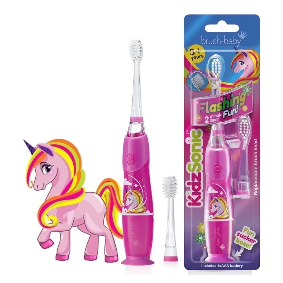 Brush-Baby KidzSonic Kids Electric Toothbrush, Pink Unicorn, Soft Bristles, Disco Lights, Smart Timer, 2 Brush Heads
