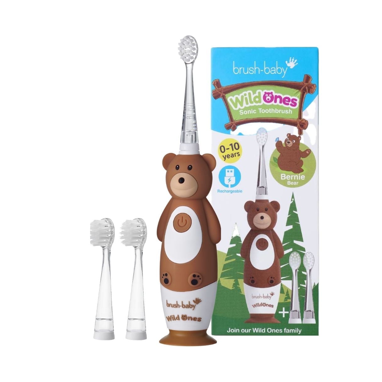 Brush-Baby WildOnes Bear Kids Electric Rechargeable Toothbrush, Extra Soft Bristles, Waterproof, Timer
