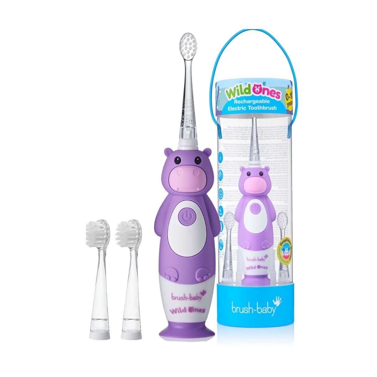 Brush-Baby WildOnes Rechargeable Kids Electric Toothbrush Hippo | Flashing Lights, 2-Min Timer, Waterproof, 3 Brush Heads | Toddler & Child Toothbrush Ages 0-10 | Soft Bristles