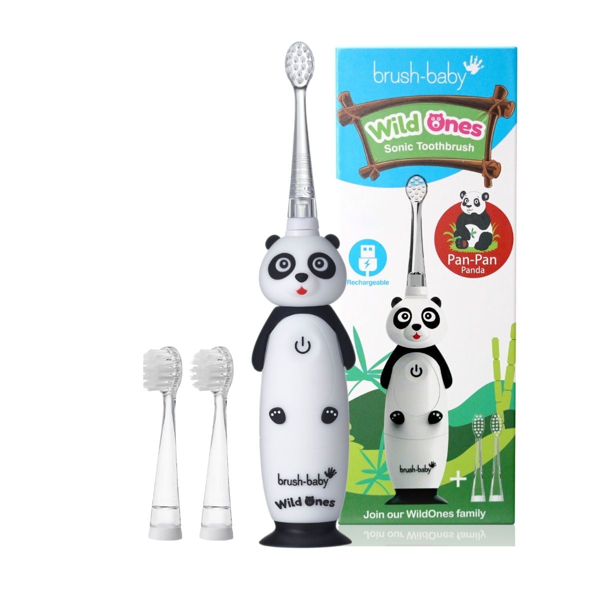 Brush-Baby WildOnes Toddler Electric Rechargeable Toothbrush, Panda Design, 3 Brush Heads, USB Cable
